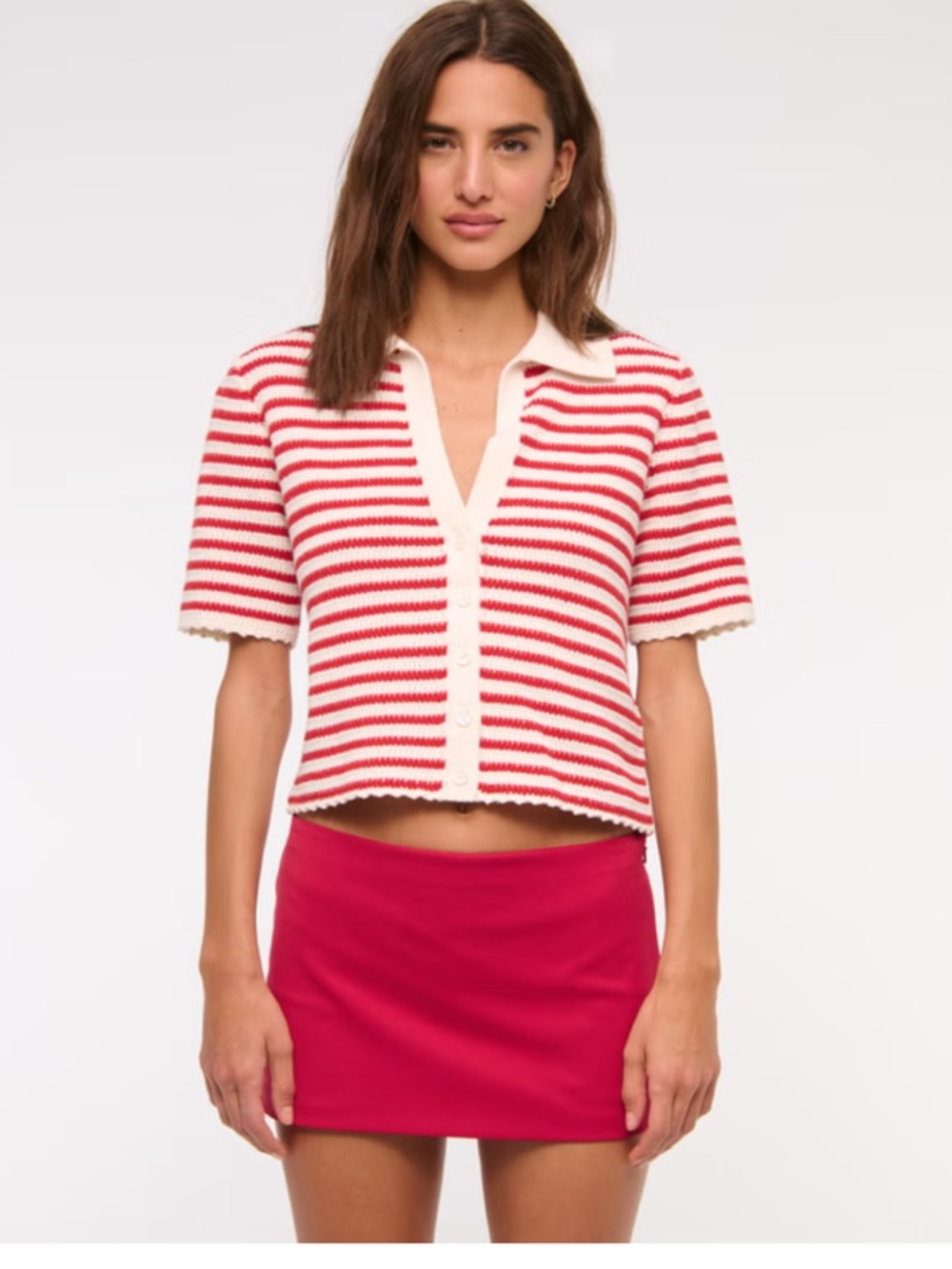 NWT ABERCROMBIE AND FITCH Cotton Red and White Striped Knit Polo Top Size XS